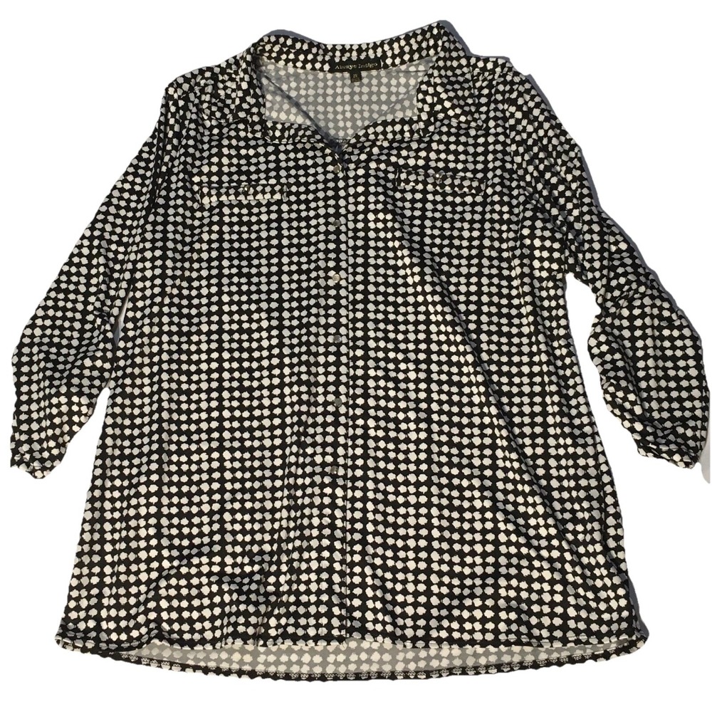 Always Indigo Women's Black & White Flowy Stretch Blouse Tab Sleeves  2X Classic